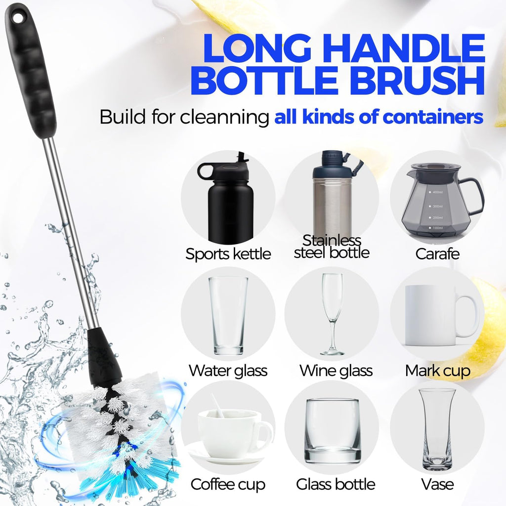 6 Pack Bottle Brush Set, 14" Long Handle Stainless Steel Bottle Cleaner Brush, 3 Straw Brushes, 4-in-1 Bottle Cleaning Brush for Water Bottle, Baby Bottle, Blue&White - view 2