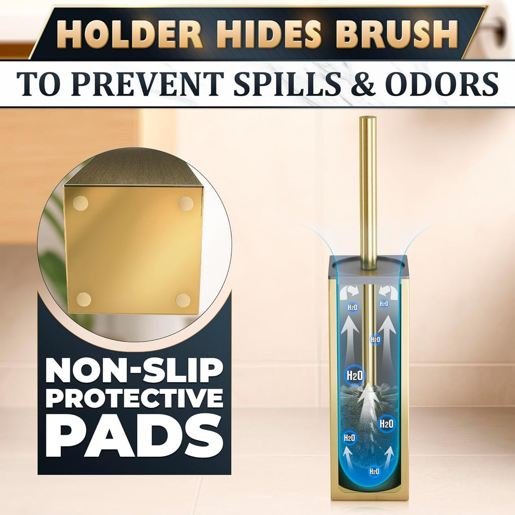 Gold Toilet Brush and Holder Set, Stainless Steel (Square) | Toilet Brush with Holder Set for Bathroom, Splash Protection & Dense Bristles for Bathroom Cleaning, Removable Inner Bowl - view 5