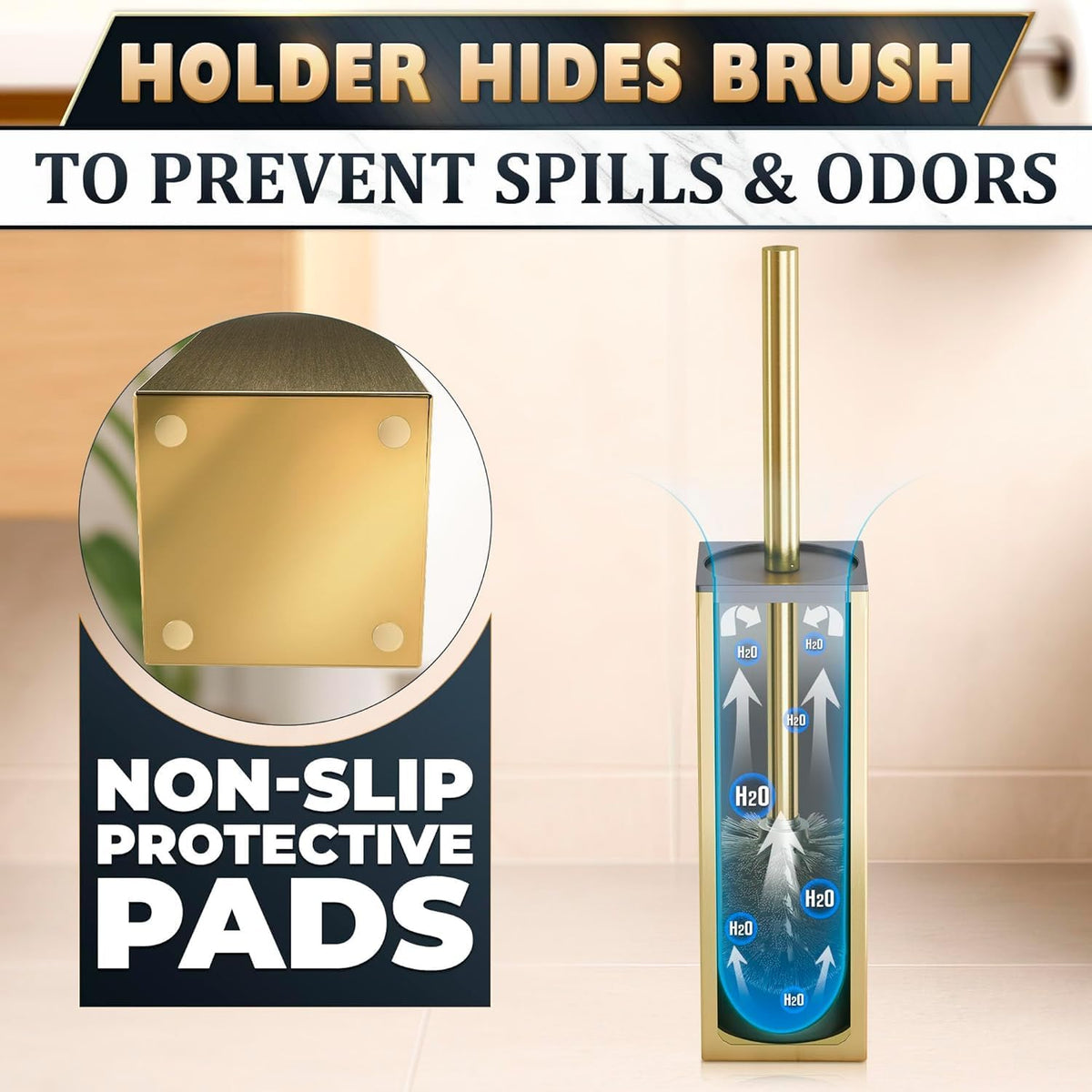 Gold Toilet Brush and Holder Set, Stainless Steel (Square) | Toilet Brush with Holder Set for Bathroom, Splash Protection & Dense Bristles for Bathroom Cleaning, Removable Inner Bowl - view 5