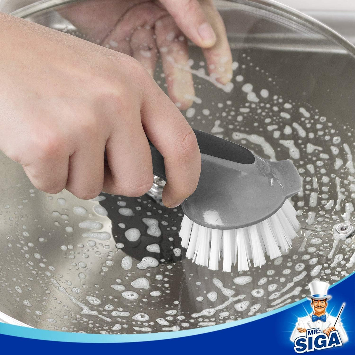 Pot and Pan Cleaning Brush, Dish Brush for Kitchen, Gray, Pack of 2 | Dish brush with non slip handle and built in scraper - view 8