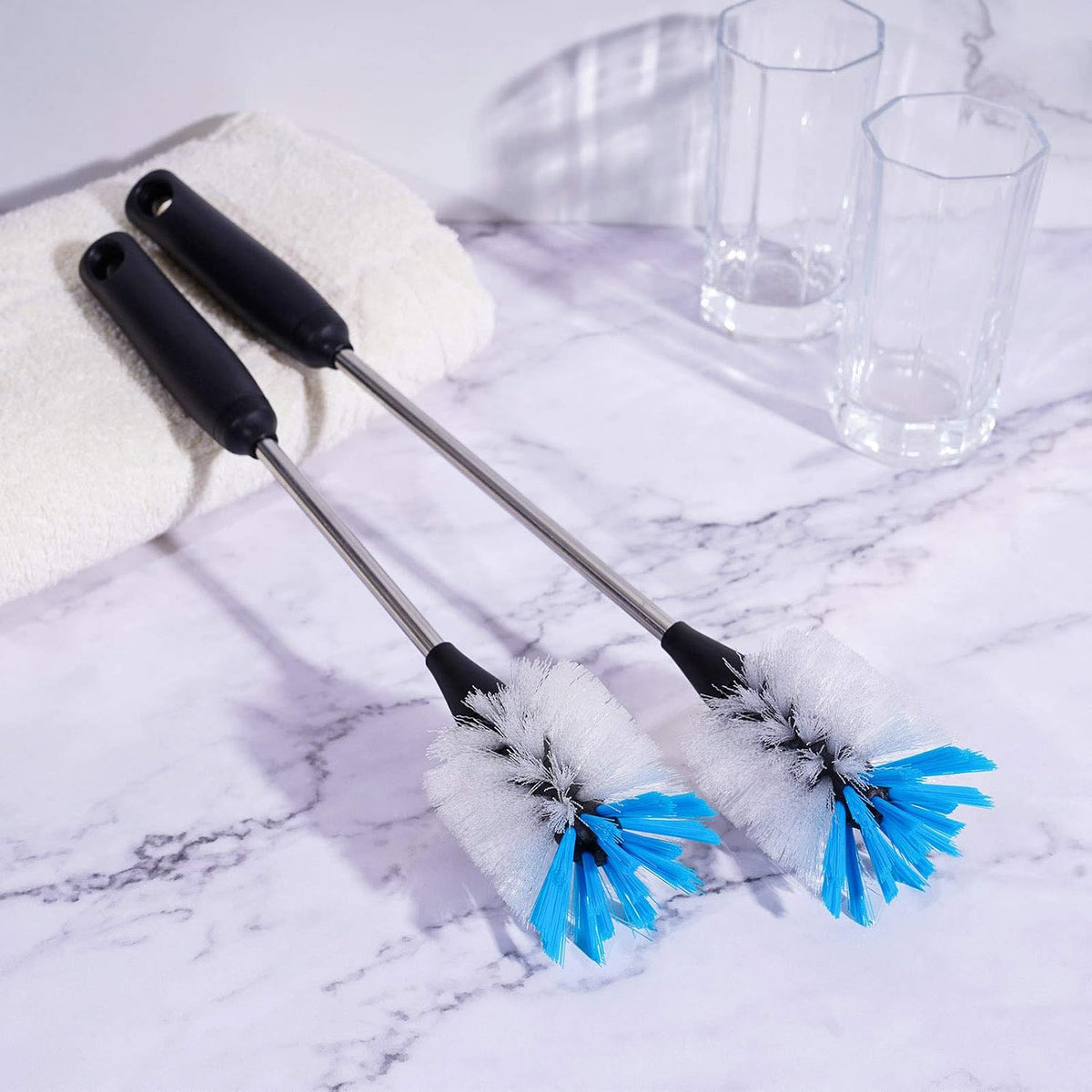 Stainless Steel Bottle Brush with Replaceable Head, 13 in - 15 in | 2 Pack, White, Long Handle Scrubbing Brush for Water Bottles, Glasswares, Mugs, Flasks, Tumblers, Vases, and Kitchen Sink - view 7