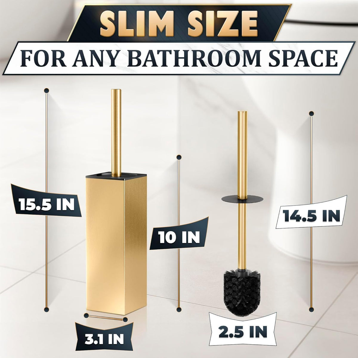 Gold Toilet Brush and Holder Set, Stainless Steel (Square) | Toilet Brush with Holder Set for Bathroom, Splash Protection & Dense Bristles for Bathroom Cleaning, Removable Inner Bowl - view 2