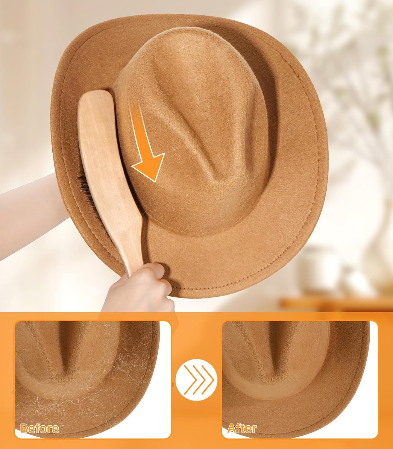 Cowboy Hat Brush Horsehair Cleaning Brush for Felt Hats Wool Suede Clothes | 100% Horsehair, Removes Dust, Lint, Pet Hair for Coats Suits Shoes Furniture Brim Edges Seams, with Wood Handle, Storage Bag - view 6