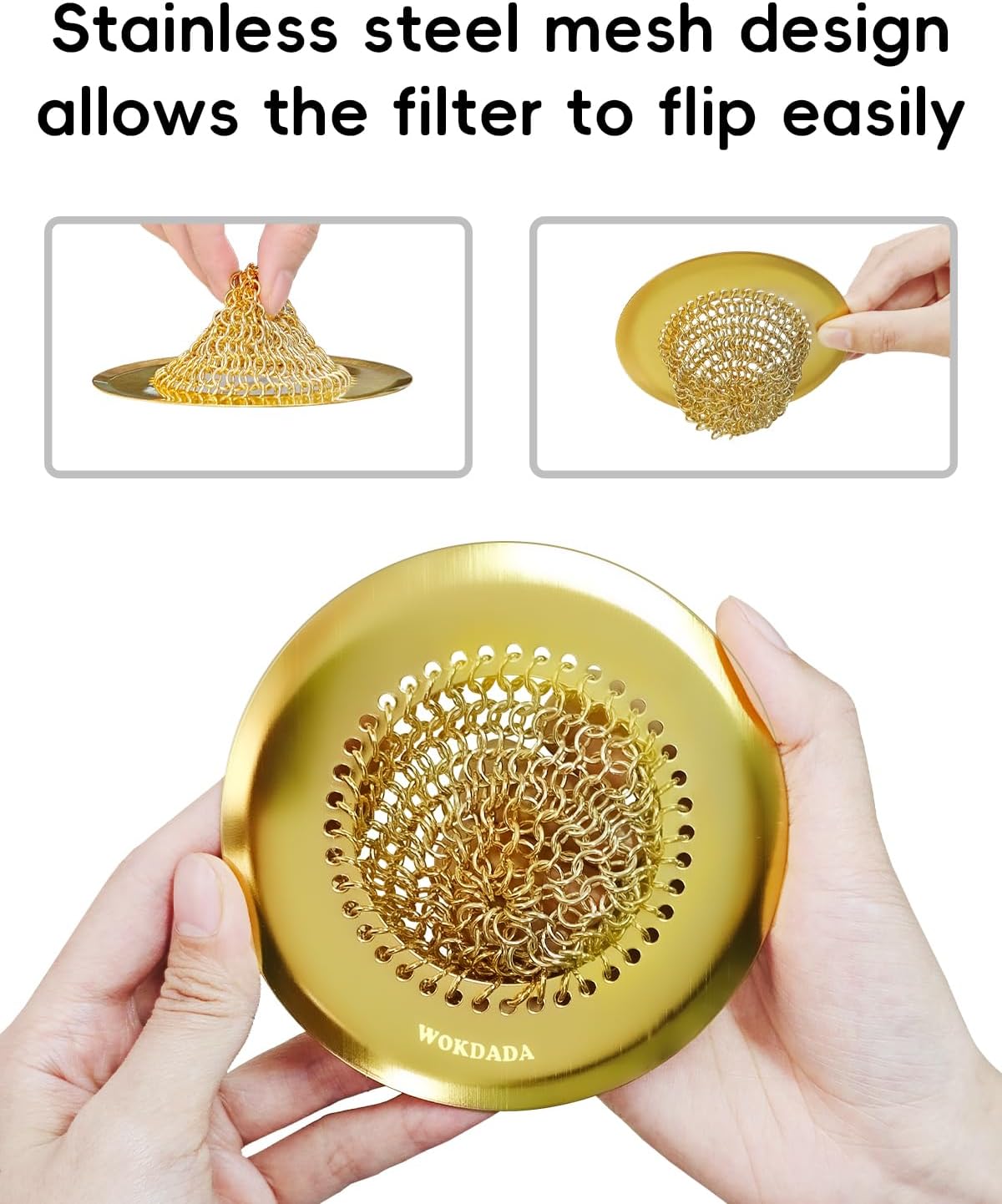 Kitchen sink drain strainer, patented reversible chain mesh basket, gold | Kitchen sink accessories, easy clean, fast drainage, 304 stainless steel rust-proof, 4.4" large capacity food catcher, anti-clog - view 4