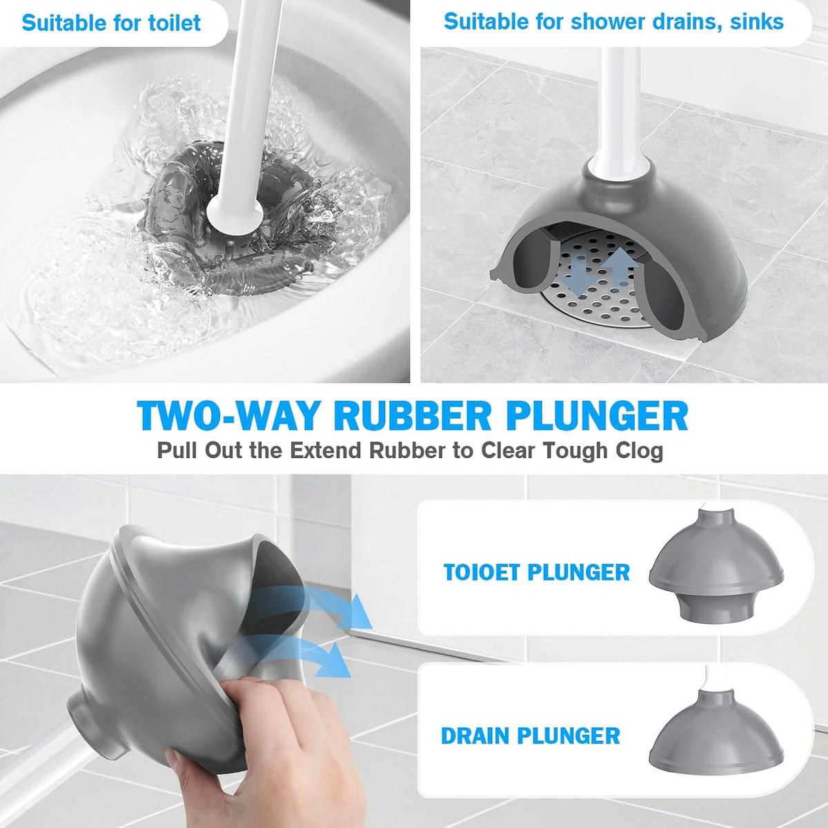 Toilet Plunger and Brush Set, Bowl Brush and Heavy Duty Toilet Plunger with Ventilated Holder, 2-in-1 Toilet Brush and Plunger Combo for 5.3-inch Toilet Drain Bathroom Deeply Cleaning(White & Grey) - view 3