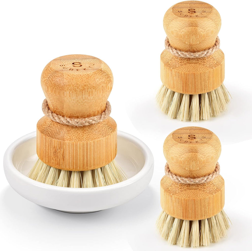 Bamboo dish scrub brushes, kitchen wooden cleaning scrubbers set for washing cast iron pan/pot, natural sisal bristles, set of 3