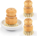 Bamboo dish scrub brushes, kitchen wooden cleaning scrubbers set for washing cast iron pan/pot, natural sisal bristles, set of 3