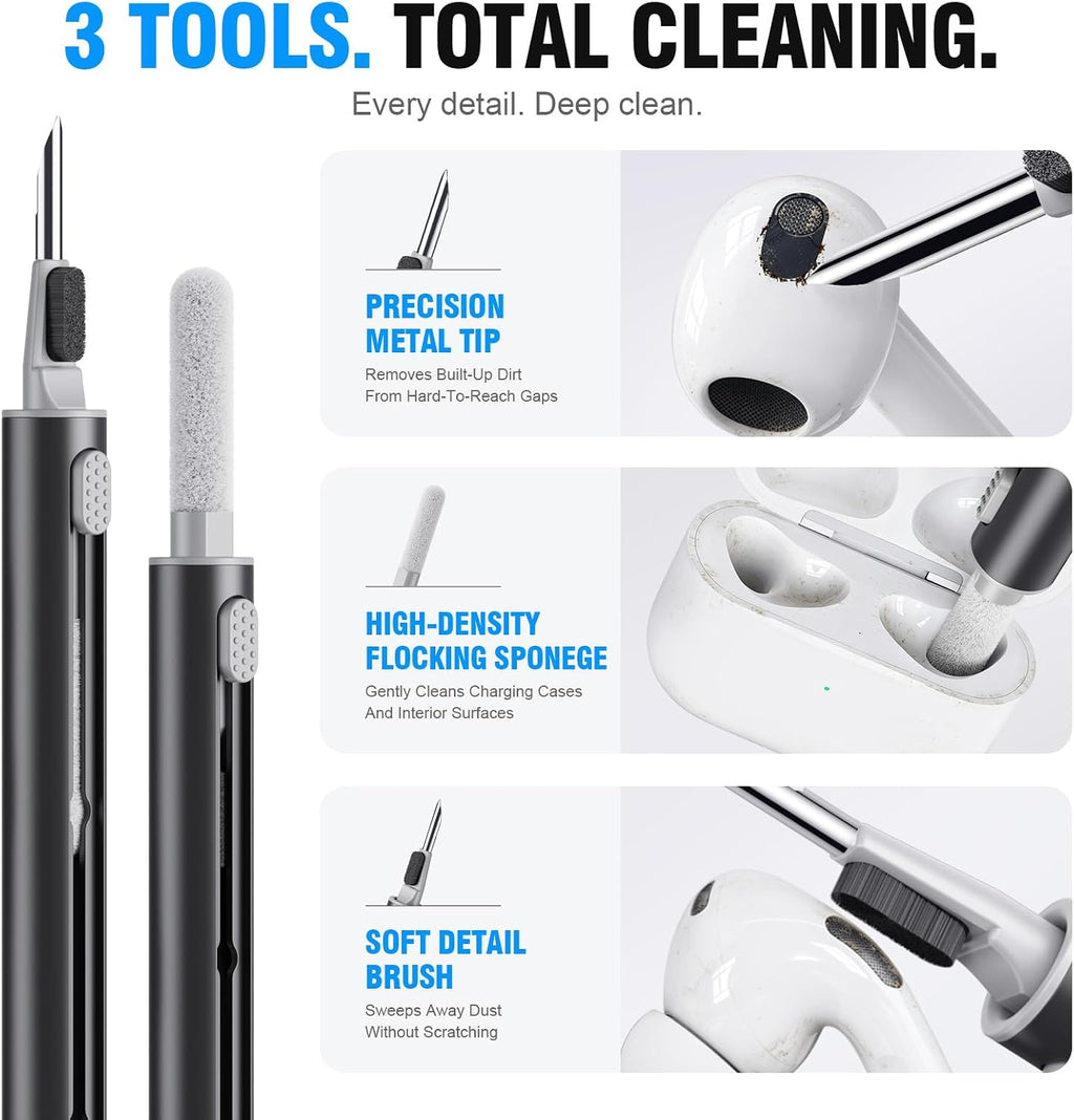 Cleaner kit for airpods pro 1 2 3 multi-function cleaning pen with soft brush flocking sponge for bluetooth earphones case cleaning tools black - view 5