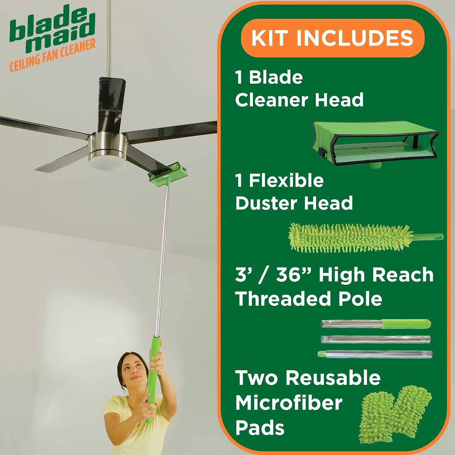 Ceiling Fan Blade Cleaner & Duster | Extendable Pole for High Ceilings, Moldings, Blinds, Walls & Cars, Corner Cleaning Tool, with Reusable Microfiber Pads | Size 3 feet (Pack of 1) - view 2
