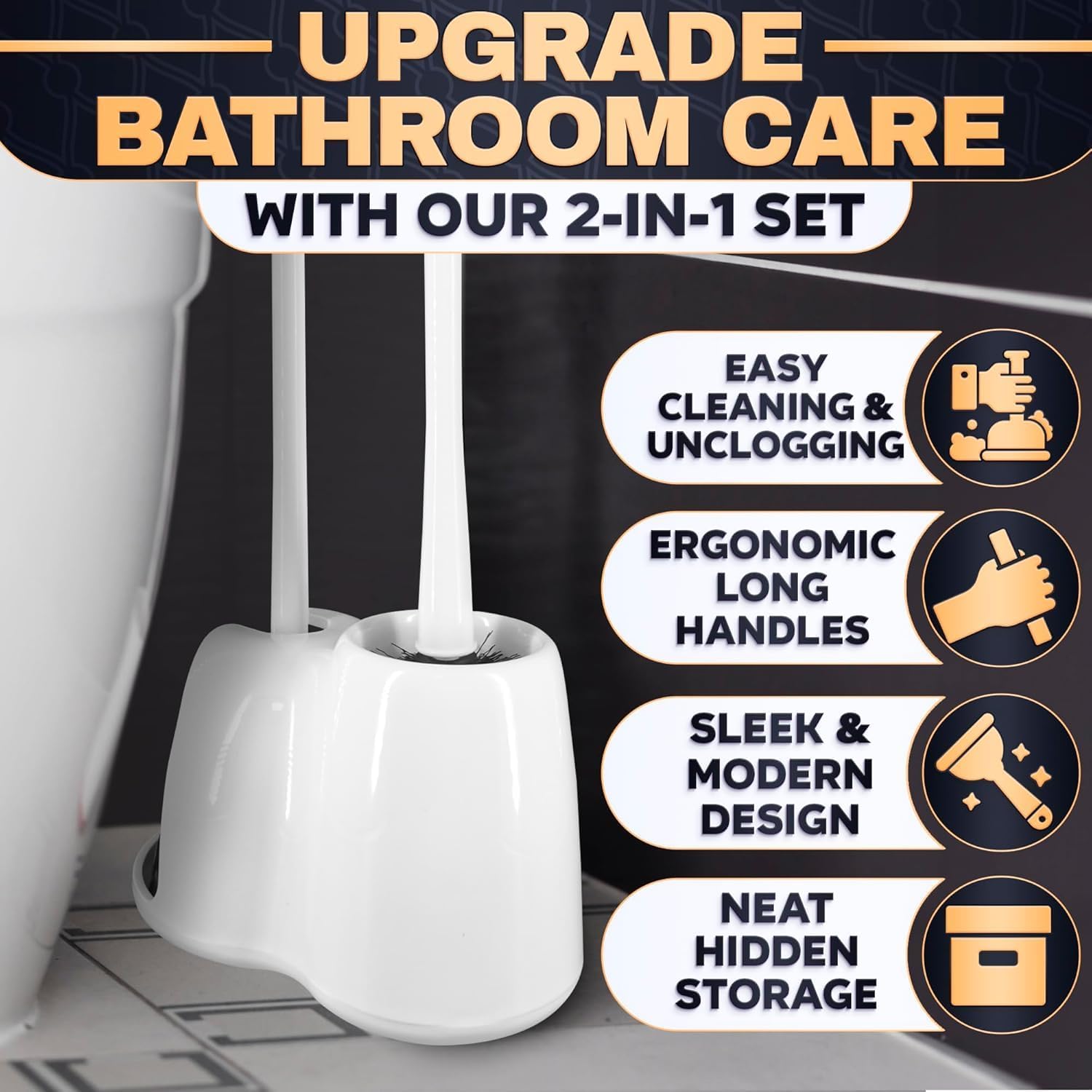 15.2" toilet brush and plunger set with holder, nylon bristles, white | Toilet bowl brush, holder and plunger, easy to place and simple to store after use, compact accessory for small spaces - view 4