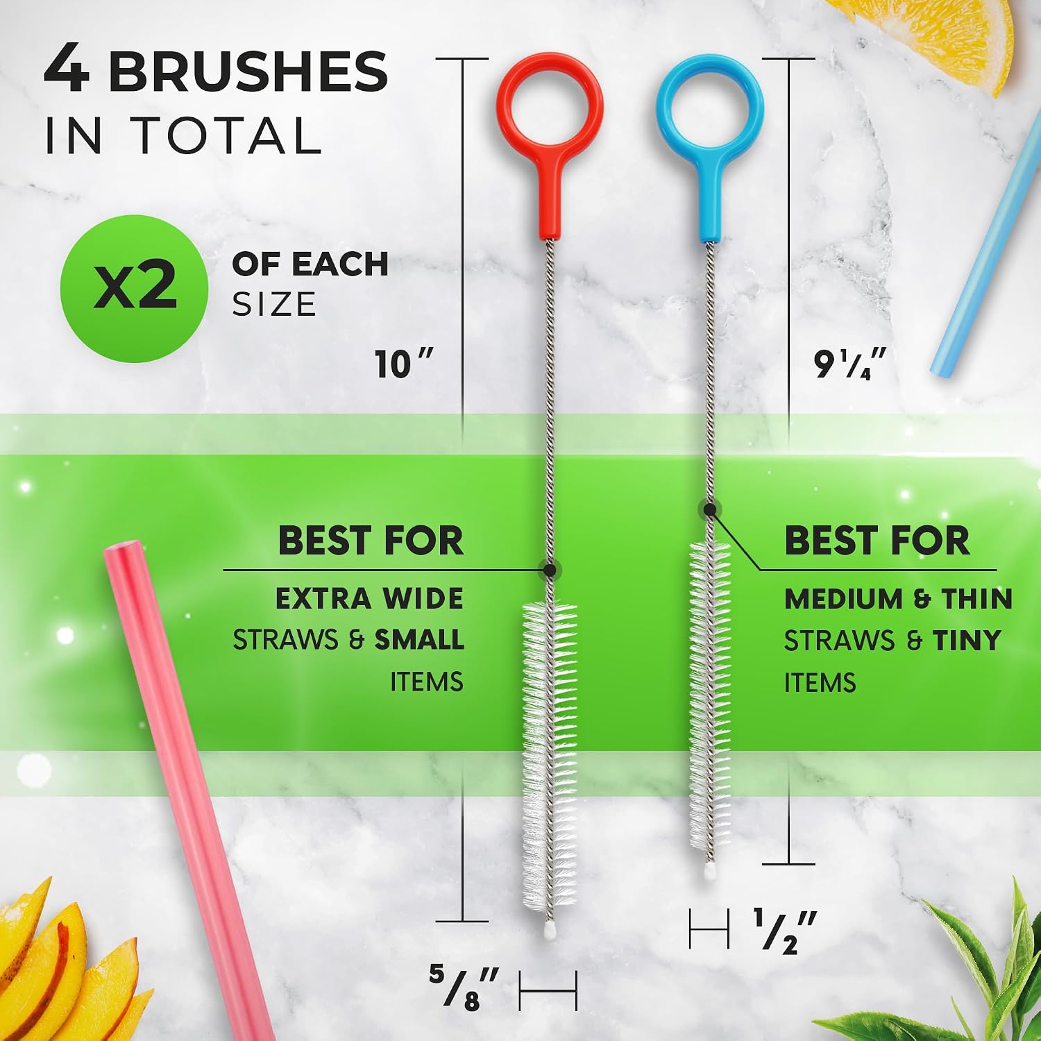Heavy duty cleaning brushes set of 4 - extra long straw cleaners for metal and plastic reusable drinking straws, to clean small spaces, sippy cups, water bottles - sturdy hard brush bristles - view 2