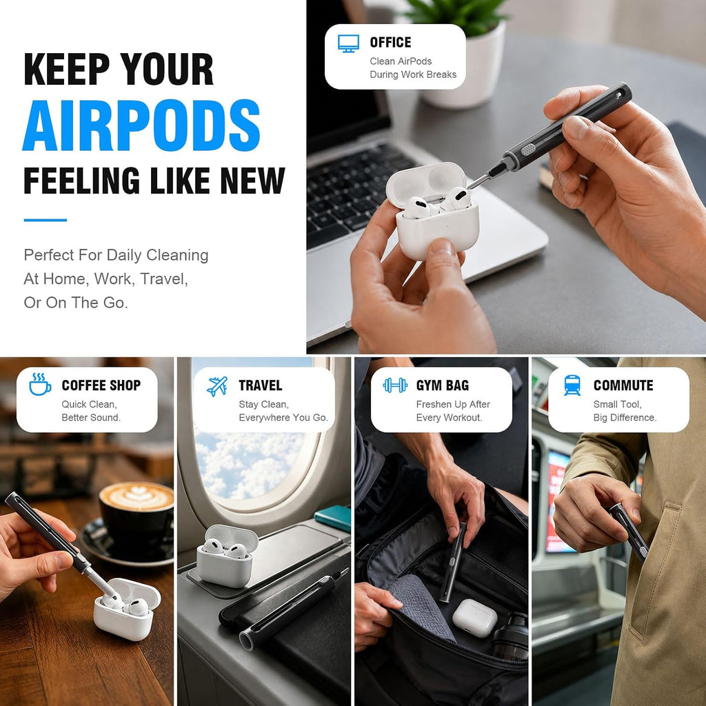 Cleaner kit for airpods pro 1 2 3 multi-function cleaning pen with soft brush flocking sponge for bluetooth earphones case cleaning tools black - view 4
