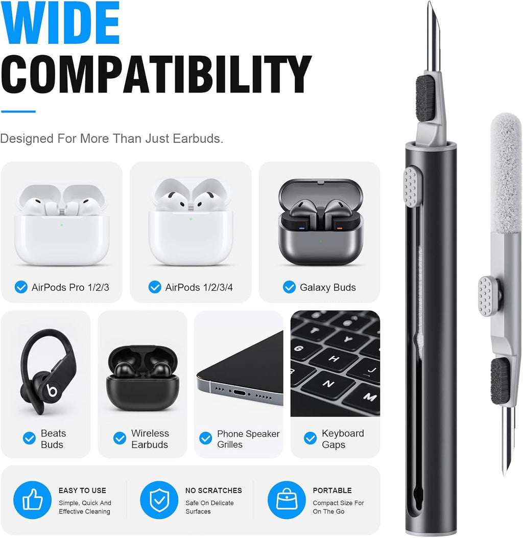 Cleaner kit for airpods pro 1 2 3 multi-function cleaning pen with soft brush flocking sponge for bluetooth earphones case cleaning tools black - view 6