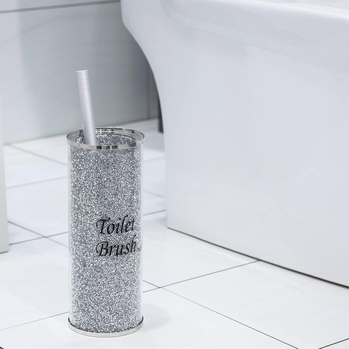 Silver Crushed Crystal Toilet Brush Holder, Bling Toilet Brush Holder for Home Toilet Bowl Cleaner Brush Bathroom Scrub Brush, 10.2" Height - view 2