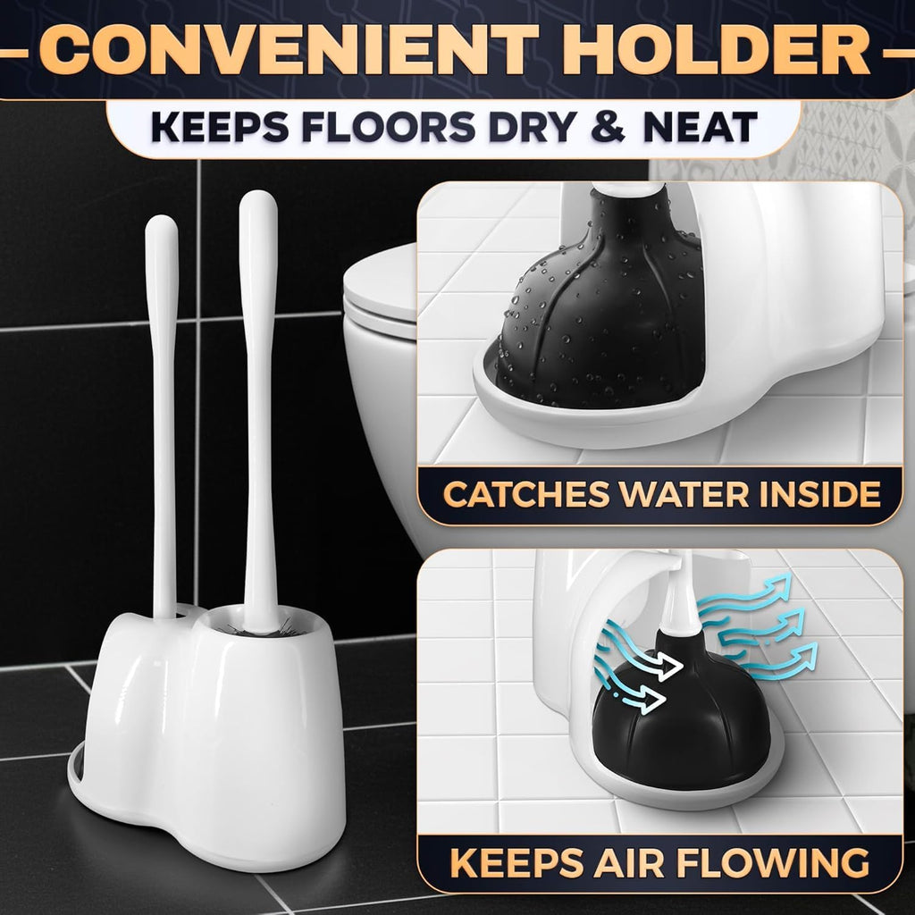 15.2" toilet brush and plunger set with holder, nylon bristles, white | Toilet bowl brush, holder and plunger, easy to place and simple to store after use, compact accessory for small spaces - view 8