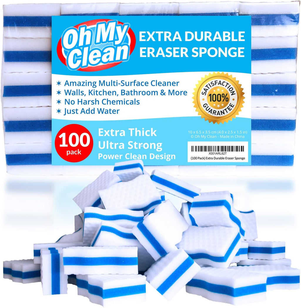 (100 Pack) Extra Durable Eraser Sponge – Extra Thick, Long Lasting Magic Melamine Cleaning Sponges in Bulk – Foam Pads for Walls, Kitchen, Bathroom, Floor & Baseboard Cleaner
