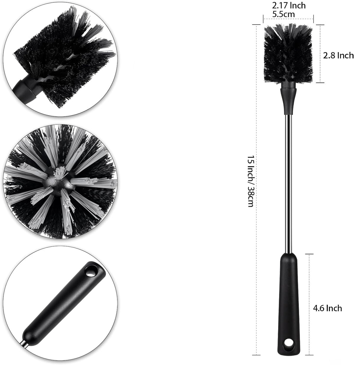Water bottle brush, 15 inches long stainless steel handle bottle brush cleaner, bottle scrubber, kitchen scrub cleaning brushes for cup, wine glasses, coffee mugs, tumblers, wine decanters, black - view 5