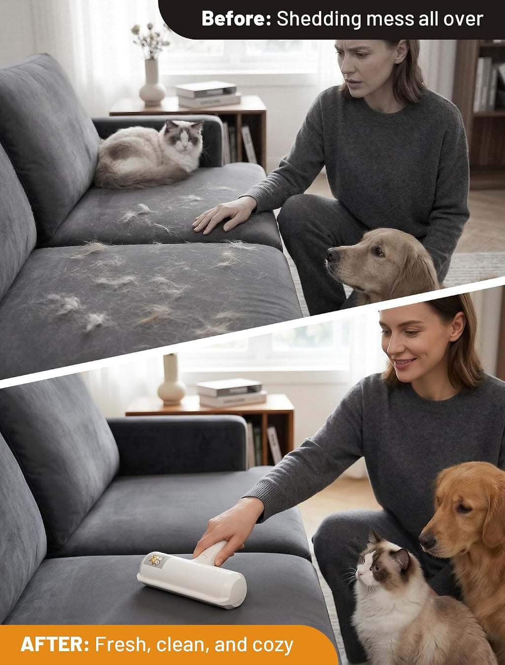 Pet hair remover roller, reusable lint roller for dog and cat hair, portable pet hair roller with large fur bin for couches, bedding, car, rugs & furniture, no refills or batteries, pet homes - view 3