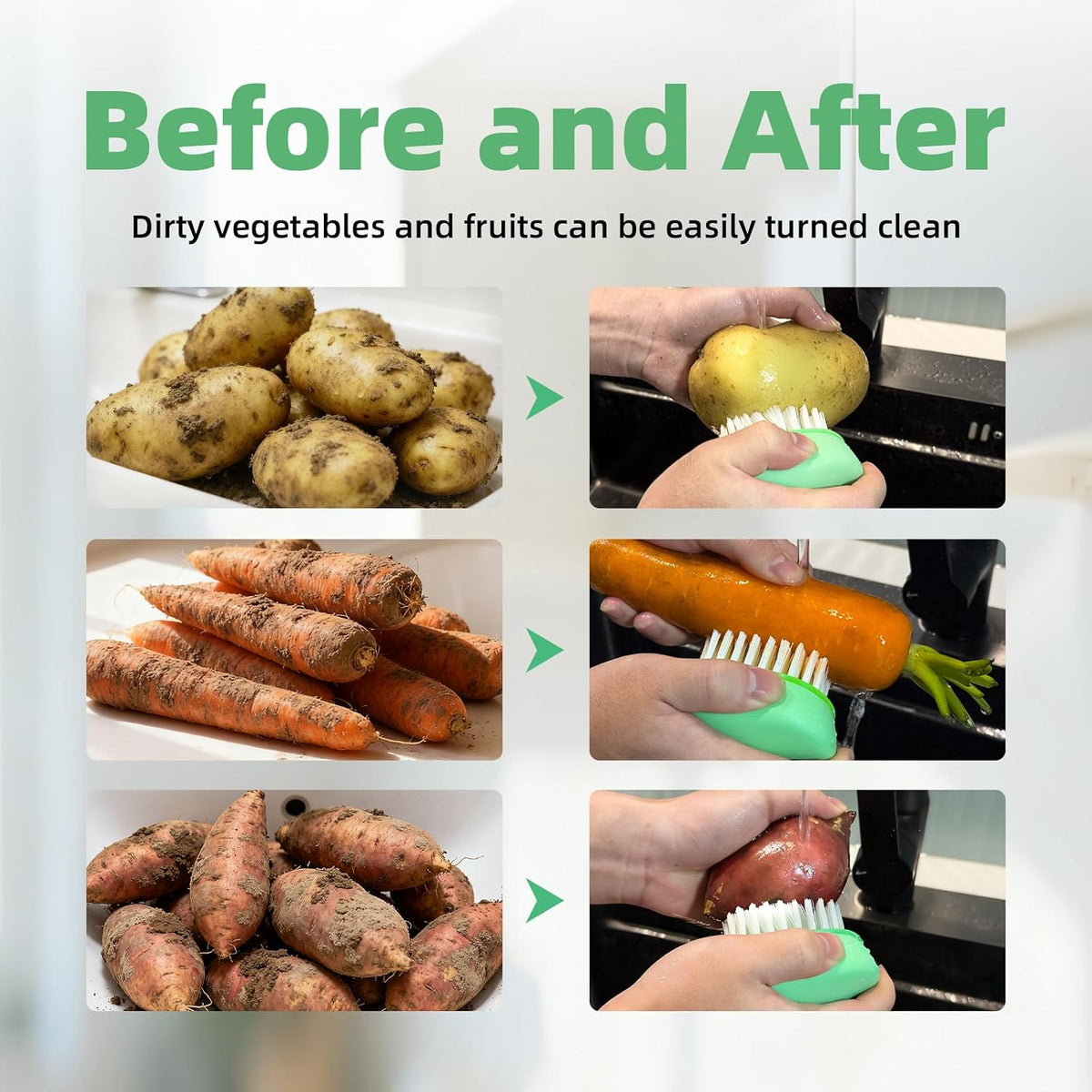 Vegetable Brush, Black Stiff Bristles Brush & White Soft Bristles | Dishwasher Safe Ear-Hanging Veggie & Fruit Cleaning Brush for Potato, Mushroom, Carrot, Lemon, Egg - view 6