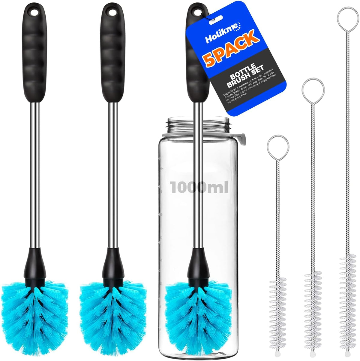 5 pack bottle brush 14" stainless steel straw cleaner brush, blue | 14" long handle stainless steel bottle cleaner brush, 3 straw brushes, bottle cleaning brush for water bottle cups baby