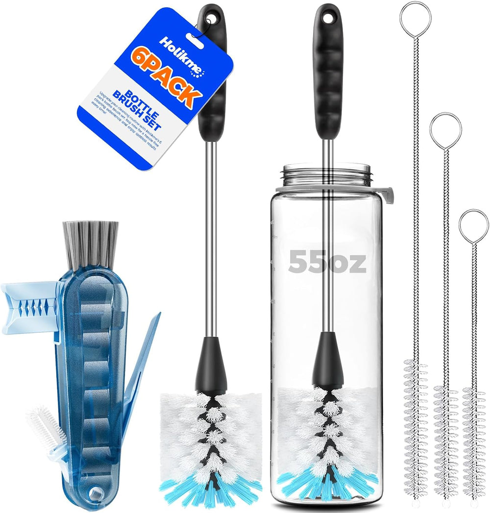 6 Pack Bottle Brush Set, 14" Long Handle Stainless Steel Bottle Cleaner Brush, 3 Straw Brushes, 4-in-1 Bottle Cleaning Brush for Water Bottle, Baby Bottle, Blue&White