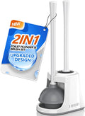 Toilet Plunger and Brush, Bowl Brush and Heavy Duty Toilet Plunger Set with Ventilated Holder, 2-in-1 Toilet Brush and Plunger Combo for Bathroom Cleaning (2 Pack, White)