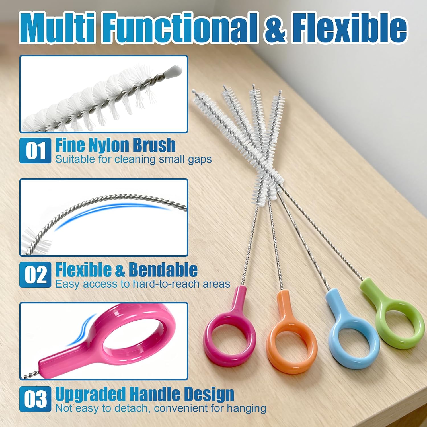 Straw Cleaner Brushes with Color Hanging Loop Used in Multiple Scenarios | Color-Coded for Better Organization, Easy to Find in Drawer, Multi-Purpose Cleaning, Dishwasher Safe, Durable Bristle - view 4