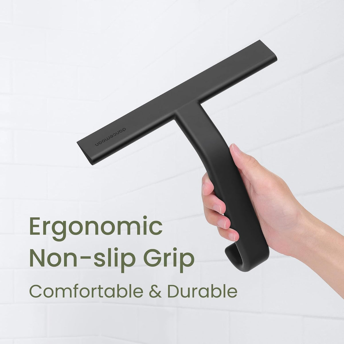 Shower squeegee with built-in hook, 10-inch black, award-winning design, all-one-piece soft-touch silicone, for glass door, bathroom, window, mirror, tile wall, car - view 5