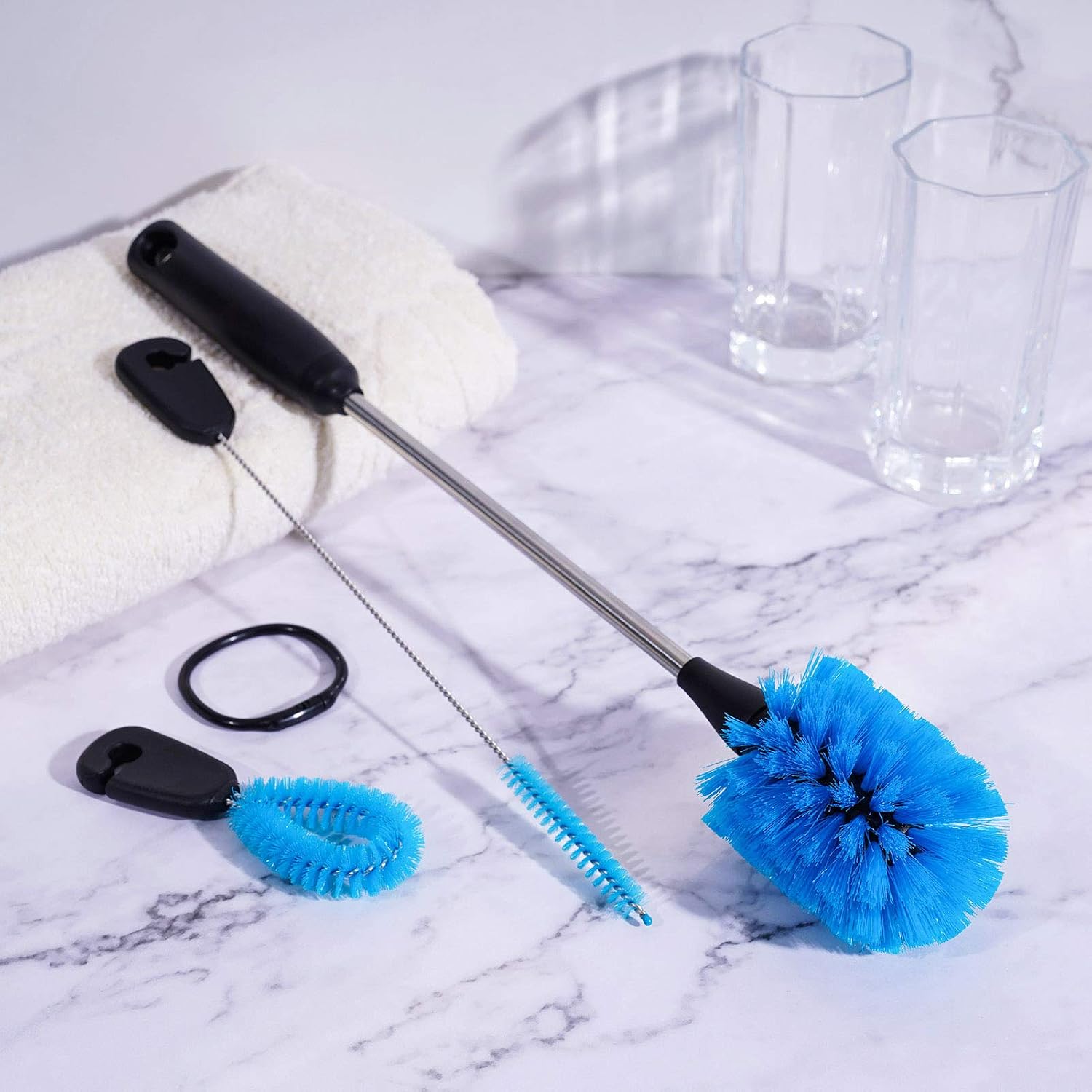 3-in-1 water bottle brush and straw cleaning set, round head | Non-slip, stainless steel, long handle with replaceable head for water bottles, glasswares, mugs, flasks, tumblers, vases - view 5