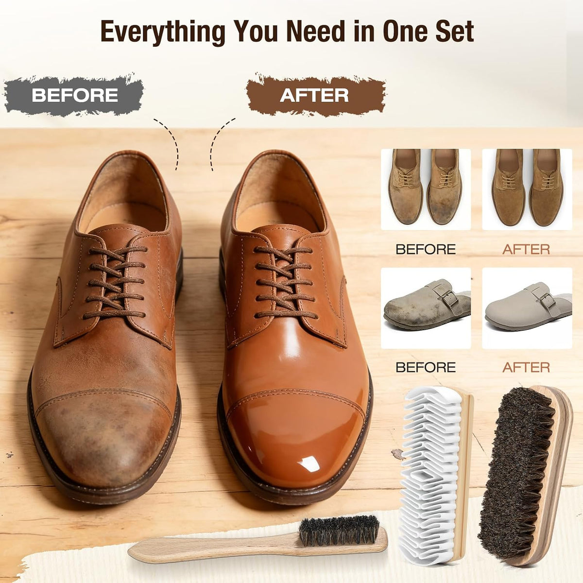 3Pcs Shoe Shine Kit, 2Pcs Horsehair Shoe Brush and a Suede Eraser | Horse Hair Brush for Leather, Suede Brush for Shoes, Shoe Care Set Cleans and Polishes Leather, Suede and Boots - view 4