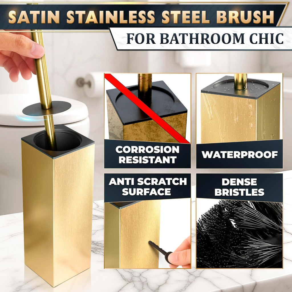Gold Toilet Brush and Holder Set, Stainless Steel (Square) | Toilet Brush with Holder Set for Bathroom, Splash Protection & Dense Bristles for Bathroom Cleaning, Removable Inner Bowl - view 3