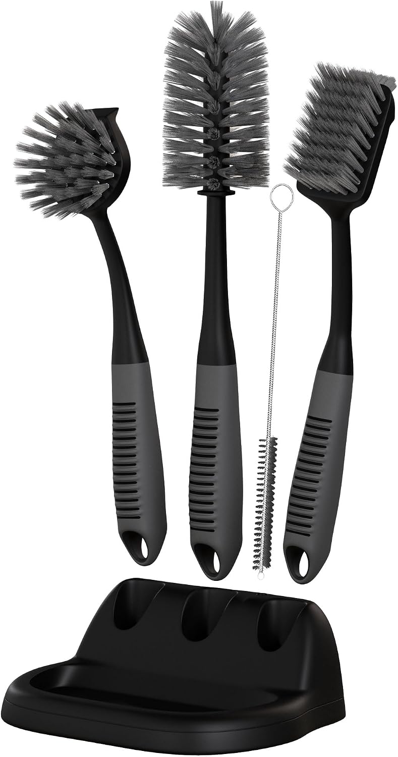 Dish brush set of 5 with holder - kitchen scrub brushes with non-slip long handle for cleaning, scrubber, dishwashing, dishes, bottles, straws, cups, pots & sink, black
