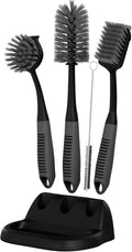 Dish brush set of 5 with holder - kitchen scrub brushes with non-slip long handle for cleaning, scrubber, dishwashing, dishes, bottles, straws, cups, pots & sink, black