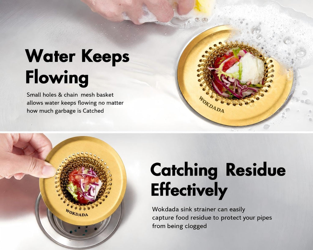 Kitchen sink drain strainer, patented reversible chain mesh basket, gold | Kitchen sink accessories, easy clean, fast drainage, 304 stainless steel rust-proof, 4.4" large capacity food catcher, anti-clog - view 3