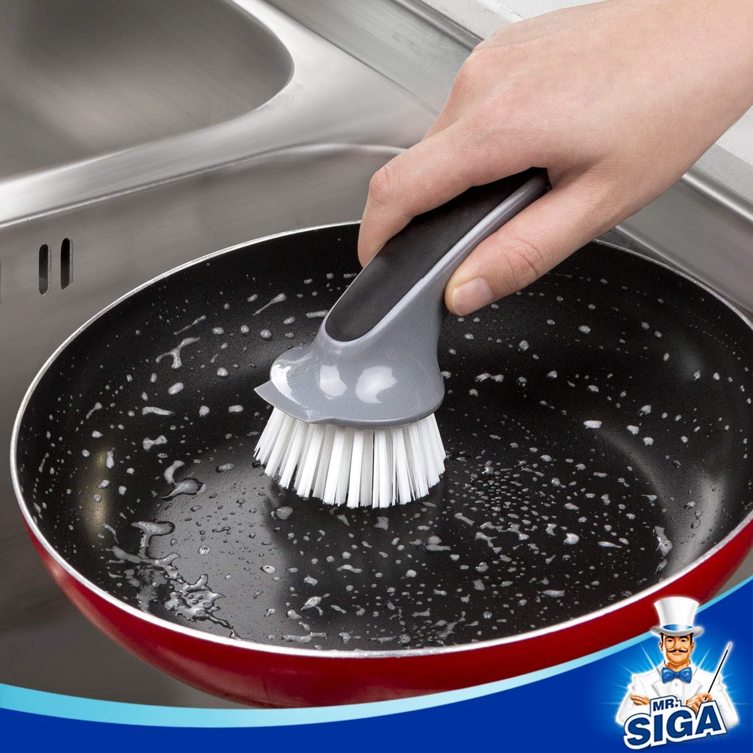 Pot and Pan Cleaning Brush, Dish Brush for Kitchen, Gray, Pack of 2 | Dish brush with non slip handle and built in scraper - view 6