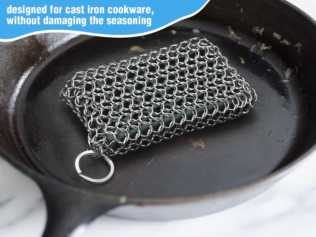 316L cast iron scrubber cleaner, large chainmail cast iron cleaner | honeycomb silicone insert, flexible, stainless steel chain mail metal sponge scrub skillets, oven, flat top, grill pan pot brush - view 2