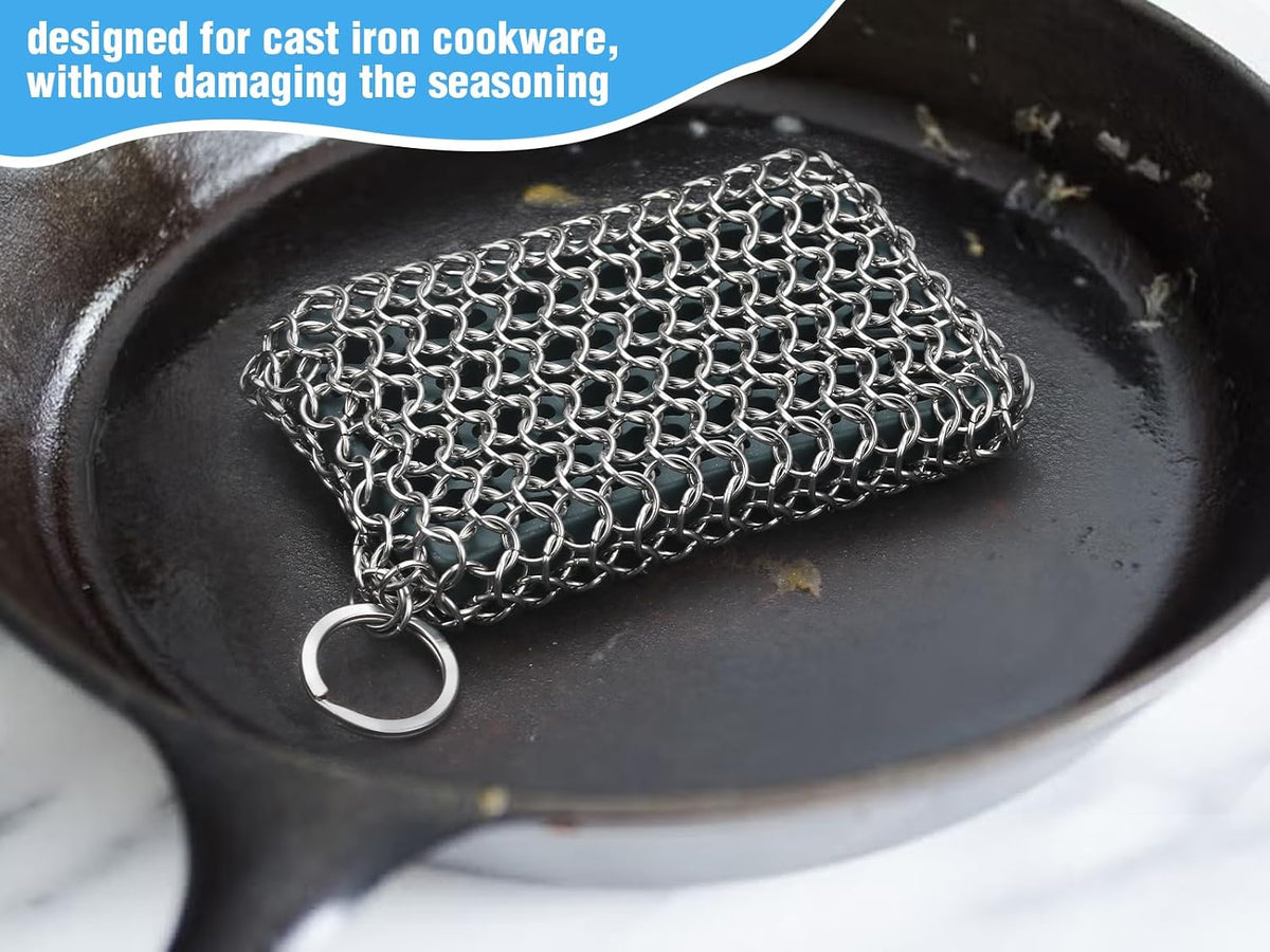 316L cast iron scrubber cleaner, large chainmail cast iron cleaner | honeycomb silicone insert, flexible, stainless steel chain mail metal sponge scrub skillets, oven, flat top, grill pan pot brush - view 2