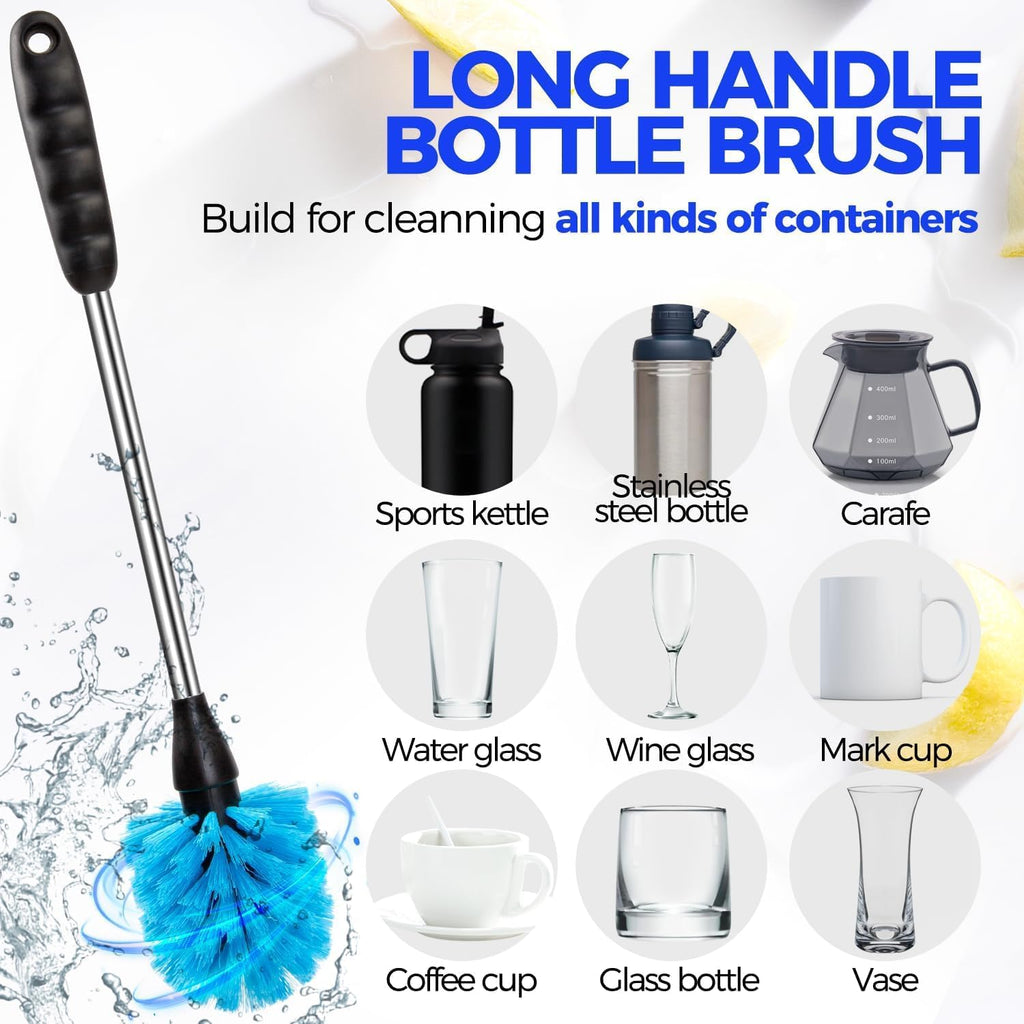 5 pack bottle brush 14" stainless steel straw cleaner brush, blue | 14" long handle stainless steel bottle cleaner brush, 3 straw brushes, bottle cleaning brush for water bottle cups baby - view 3