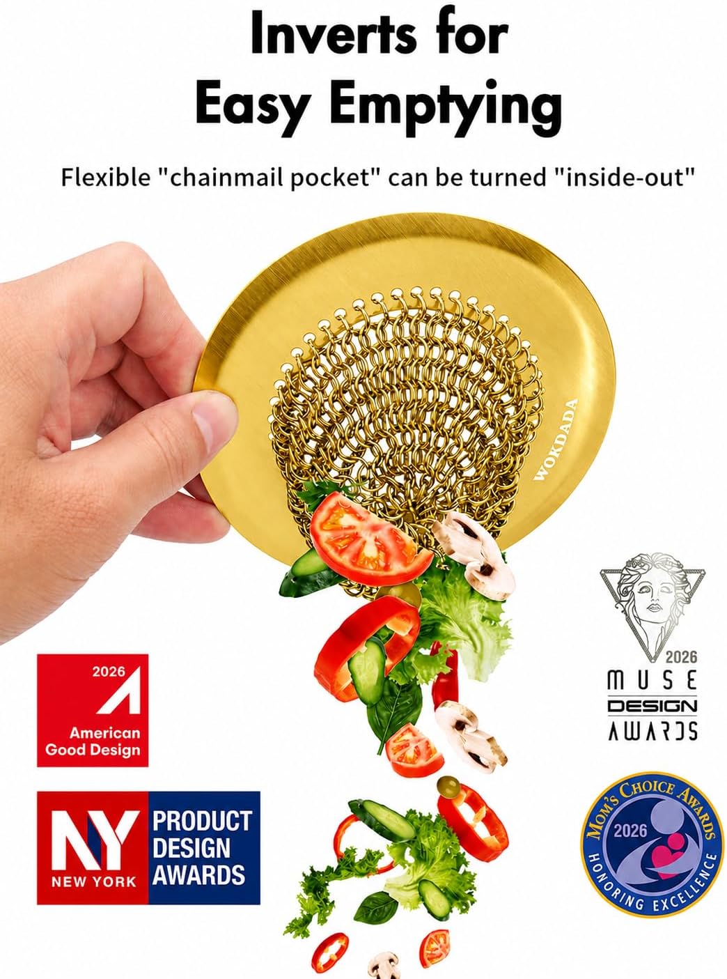 Kitchen sink drain strainer, patented reversible chain mesh basket, gold | Kitchen sink accessories, easy clean, fast drainage, 304 stainless steel rust-proof, 4.4" large capacity food catcher, anti-clog - view 2