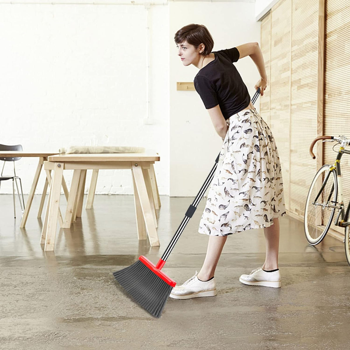 Upgrade broom and dustpan set, broom with dustpan combo set, large size and with long handle, upright, ideal for indoor outdoor garage kitchen room office lobby use (black&red) - view 5