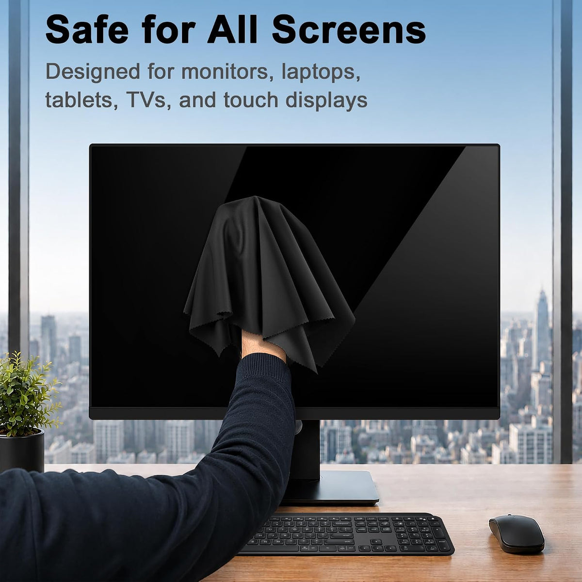 XL Premium Screen Cleaning Cloth 16"X16" 3 Pack Microfiber TV Screen Cleaner Cloth for OLED LED TVs, Computer Monitors, Laptops, Tablets & Car Displays, Lint-Free Streak-Free, Black - view 3