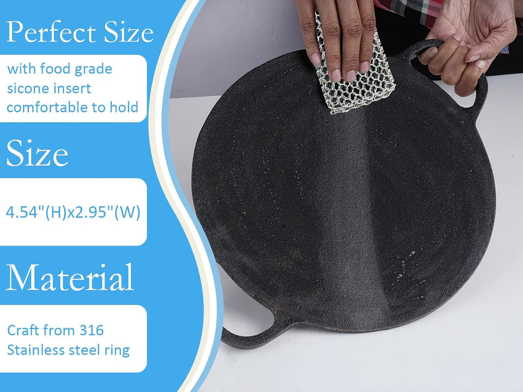 316L cast iron scrubber cleaner, large chainmail cast iron cleaner | honeycomb silicone insert, flexible, stainless steel chain mail metal sponge scrub skillets, oven, flat top, grill pan pot brush - view 3