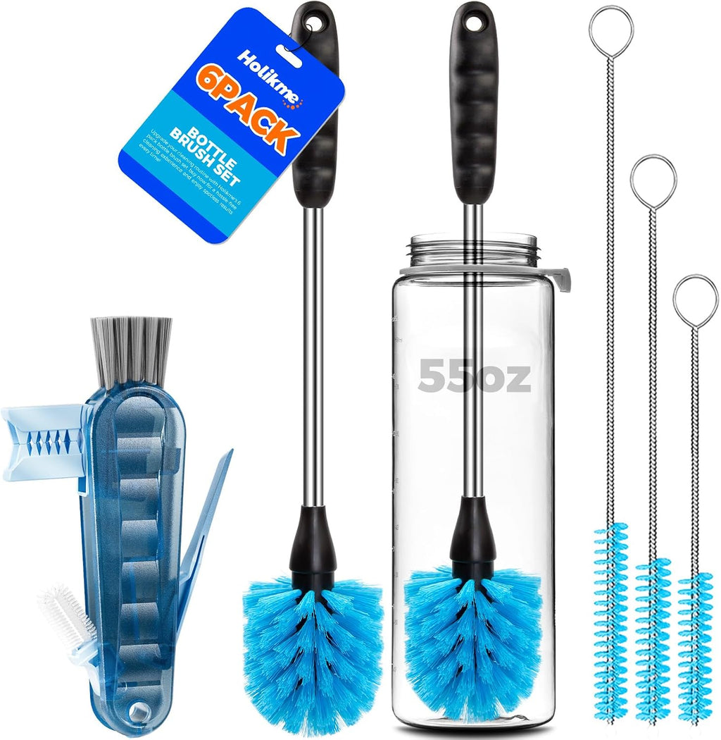 6 Pack Bottle Brush 14" Stainless Steel Straw Cleaner Brush,Blue | Bottle Cleaner Brush, 3 Straw, Bottle Cleaning Brush for Water Bottle, Baby Bottle Brush, Antistatic Brushes