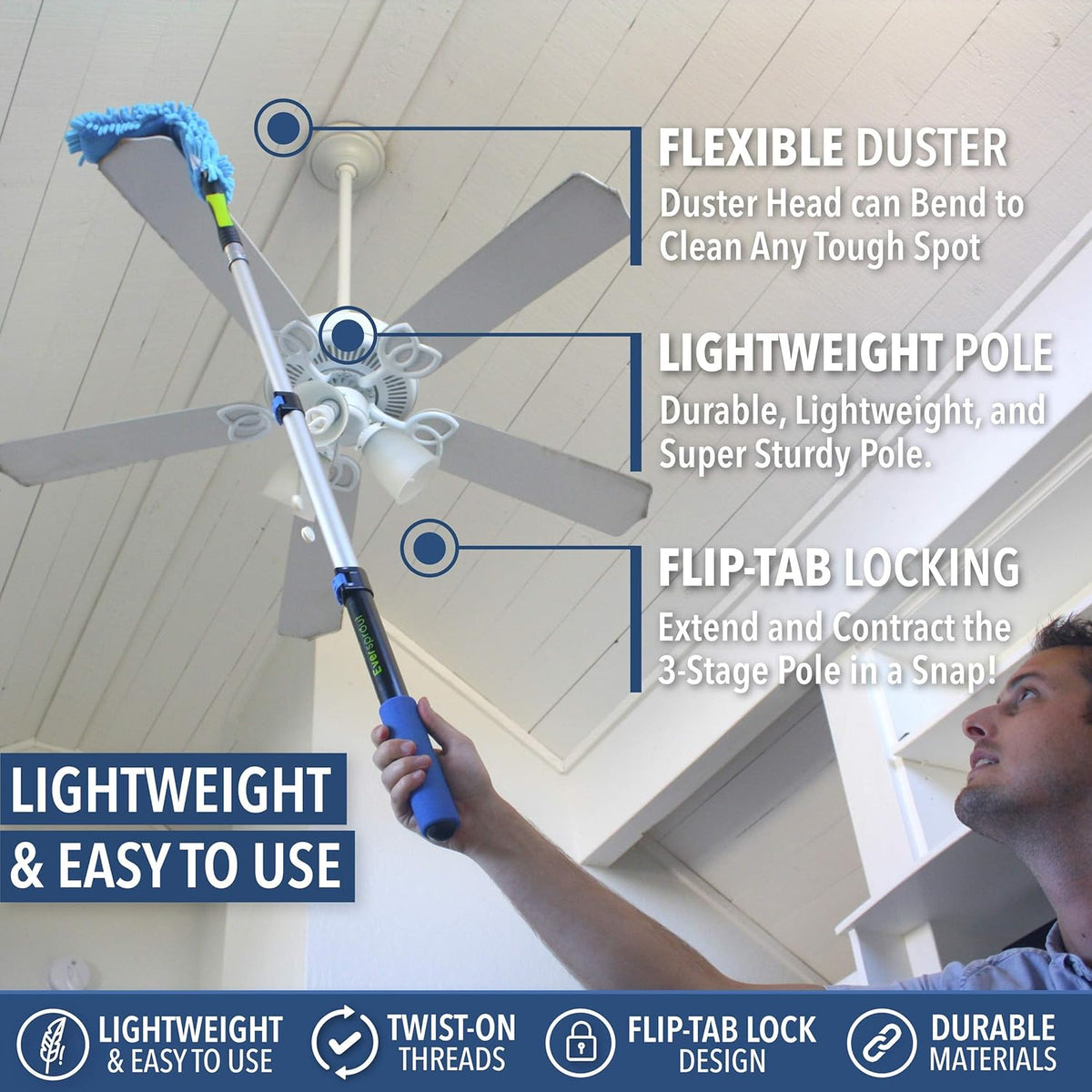 Ceiling Fan Duster with 3 Foot Pole, Bendable Microfiber Cleaner | Extends 1.5 to 4.5 Feet, 8-10 Foot Standing Reach, for Celiling Fans, Blinds, Shelves, Walls and More, Machine Washable - view 5