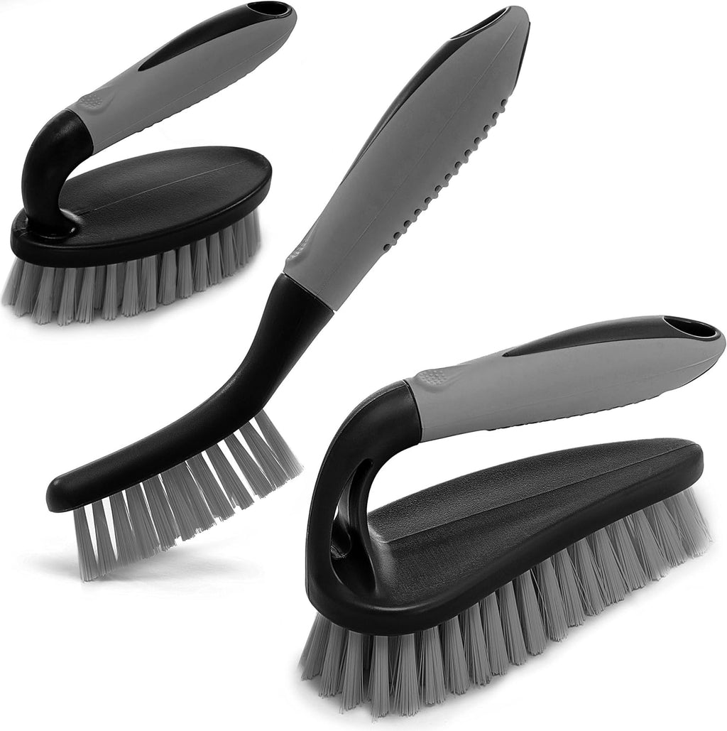 Scrub brush set of 3 pcs - cleaning shower scrubber with ergonomic handle and durable bristles - grout cleaner brush - scrub brushes for cleaning bathroom/shower/tile/kitchen/floor/bathtub/carpet