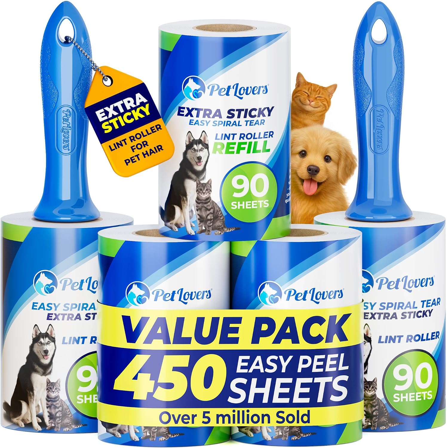 Extra Sticky Lint Roller Mega Value Set 450 Sheets for Pet Hair Removal and Clothes, Dog and Cat Lint Remover 5 Pack