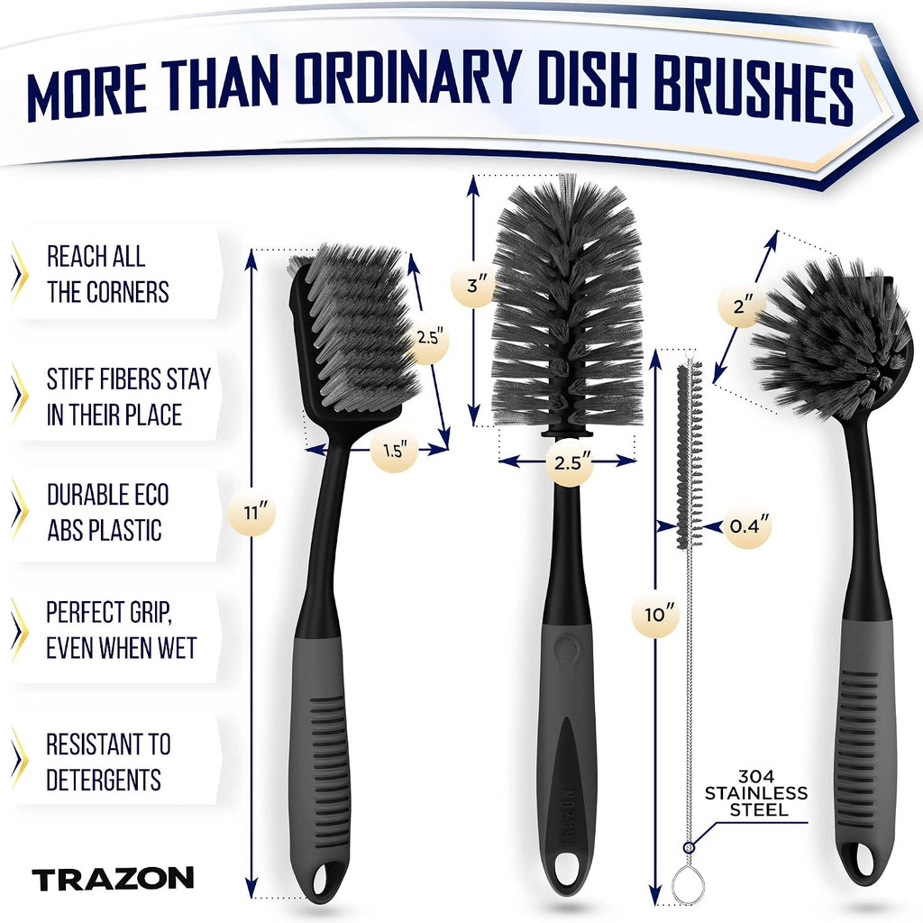Dish brush set of 4 - kitchen scrub brushes with non-slip long handle for cleaning, scrubber, dishwashing, dishes, bottles, straws, cups, pots & sink, black - view 2