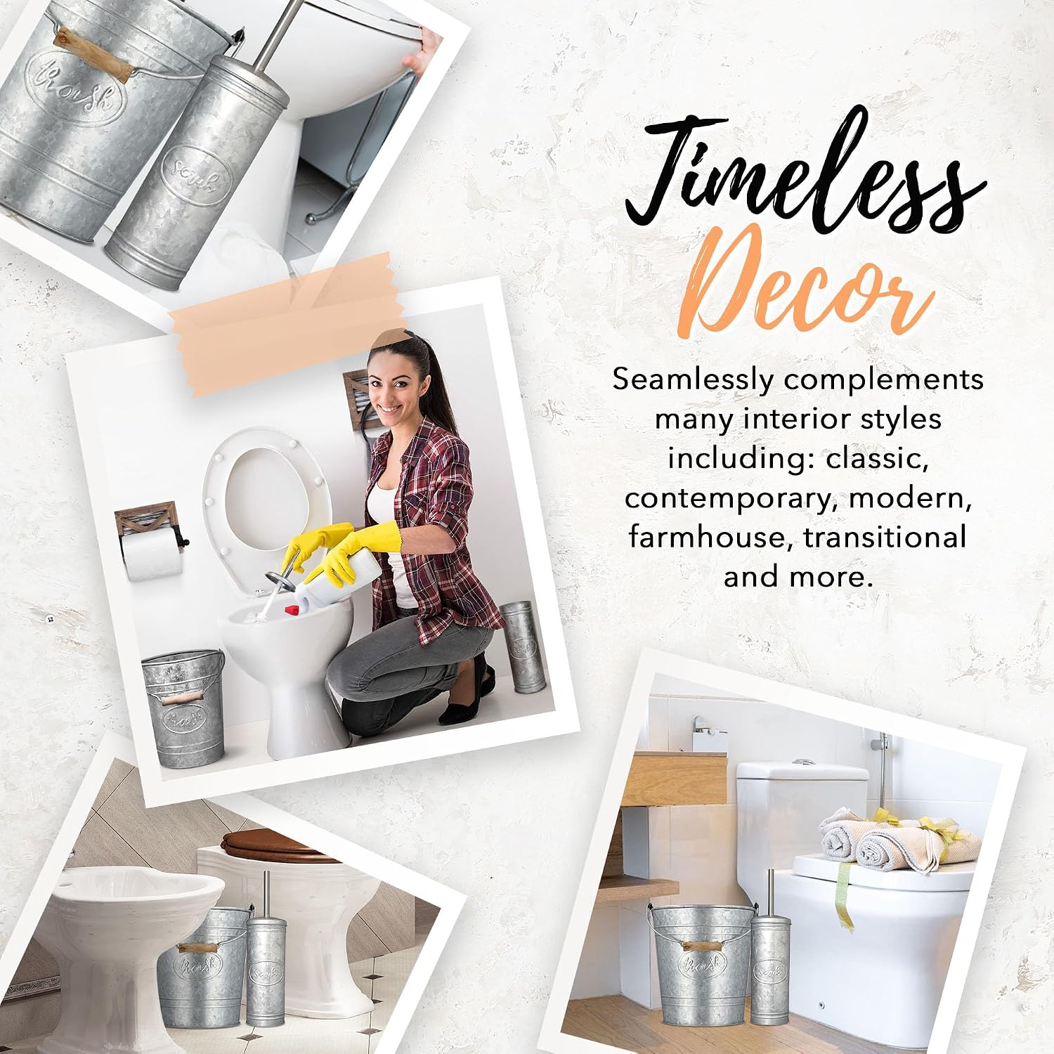 Farmhouse Bathroom Trash Can and Toilet Brush Set, 2 Gallon | Galvanized grey, 2 gallon waste basket, matching toilet bowl brush holder, wood handle, rustic farmhouse guest bath - view 4