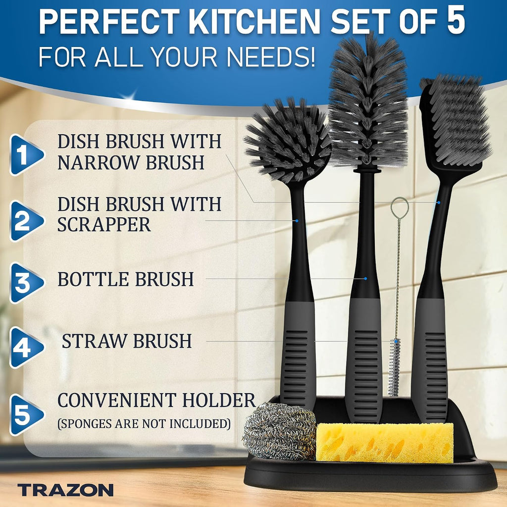 Dish brush set of 5 with holder - kitchen scrub brushes with non-slip long handle for cleaning, scrubber, dishwashing, dishes, bottles, straws, cups, pots & sink, black - view 2