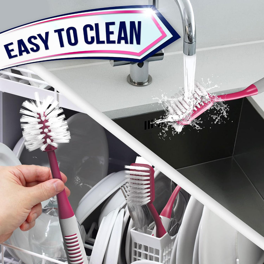 Dish brush set of 4 - kitchen scrub brushes with non-slip long handle for cleaning, scrubber, dishwashing, dishes, bottles, straws, cups, pots & sink, red - view 8